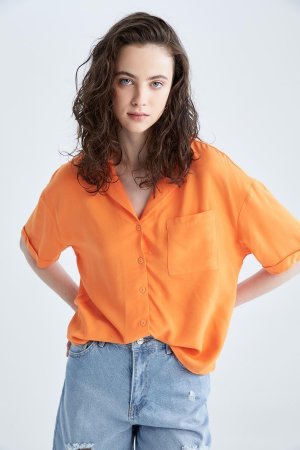Рубашка с коротким рукавом и пижамным воротником Relax Fit , оранжевый DeFacto