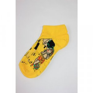Носки женские короткие яркий принт Мона Лиза Ван Гог Мунк Климт звездная ночь крик поцелуй волна 35-44 размер Frida. Цвет: желтый