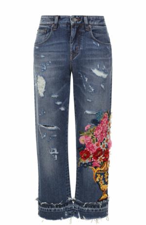 Укороченные джинсы с потертостями и декоративной отделкой Dolce & Gabbana. Цвет: синий