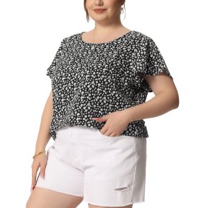 Женская блузка больших размеров с коротким рукавом и круглым вырезом в стиле ретро цветочным принтом , черный Agnes Orinda