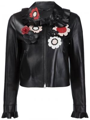 Кожаная куртка с цветочной аппликацией Fendi. Цвет: чёрный