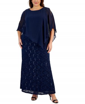 Платье больших размеров с вышивкой бисером SL Fashions, темно-синий Fashions