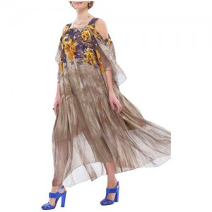 Платье-сарафан из шёлкового крепа и шифона принт цветы в бежевом оттенке, 54-64 Iya Yots. Цвет: бежевый