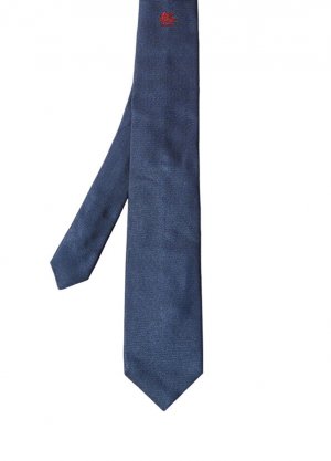 Синий шелковый галстук в полоску с вышитым логотипом Etro