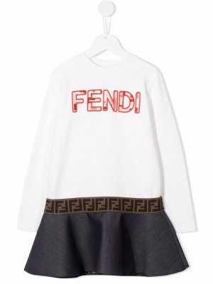 Платье с вышитым логотипом Fendi Kids. Цвет: белый