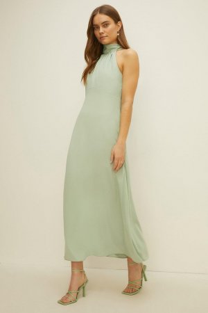 Миниатюрное атласное платье миди с вырезом через шею и бретелькой, зеленый Oasis