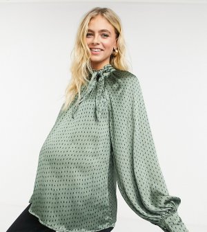 Свободная блузка в ромбовидный горошек, с бантом и объемными рукавами -Зеленый цвет Fashion Union Maternity