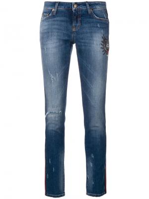 Укороченные джинсы скинни с вышивкой и эффектом потертости Cambio. Цвет: синий