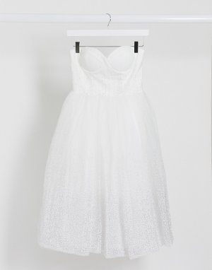 Белое платье миди бандо с тюлевой юбкой London-Белый Rare