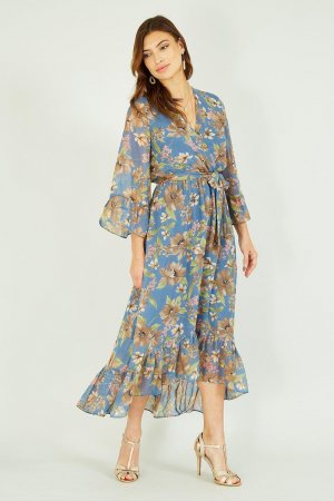 Серое платье миди с глубоким вырезом и цветочным принтом, серый Yumi