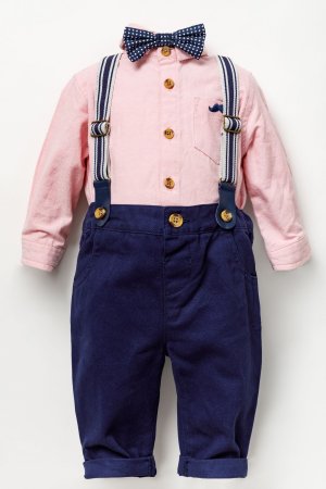 Розовый детский комплект из трех предметов боди с галстуком-бабочкой брюки и подтяжки, Little Gent
