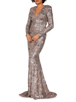 Платье с V-образным вырезом и пайетками цветочным принтом , цвет Taupe Silver Terani Couture
