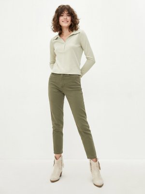 Женские брюки из габардина узкого кроя с прямыми карманами и детальной отделкой , зеленый LCW Casual