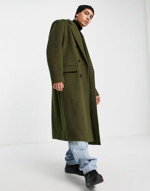 Очень свободное удлиненное oversized-пальто цвета хаки из фактурной смесовой шерсти -Зеленый цвет ASOS DESIGN