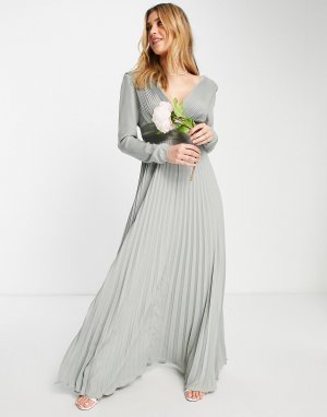 Плиссированное платье макси с длинным рукавом и атласным поясом на талии оливкового цвета ASOS DESIGN Bridesmaid