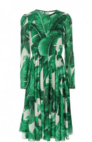 Приталенное шелковое платье с длинным рукавом и круглым вырезом Dolce & Gabbana. Цвет: зеленый
