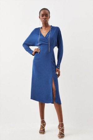 Платье миди с длинными рукавами и воротником запахом спереди , темно-синий Karen Millen