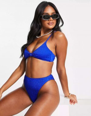 Кобальтово-синие плавки бикини с жатым узором и завышенной талией South Beach