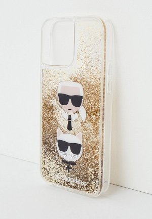 Чехол для iPhone Karl Lagerfeld 13 Pro Max, Liquid glitter & Choupette heads Gold. Цвет: золотой