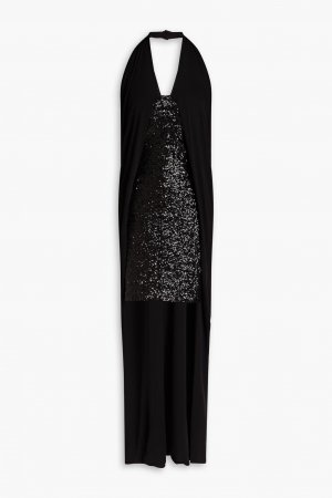 Асимметричное платье из сетки с пайетками и джерси воротником-халтер , черный Balmain