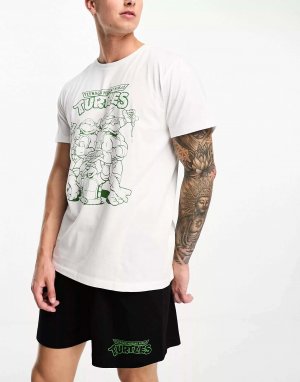 Пижамный комплект ASOS с футболкой принтом черепашек ниндзя и черно-белыми шортами