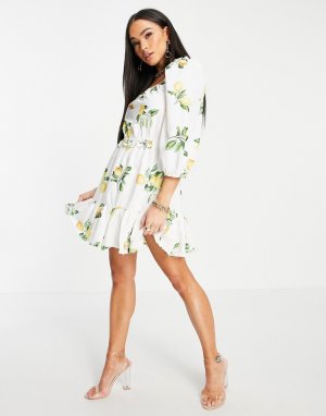 Свободное платье мини с присборенной юбкой, пышными рукавами и летним принтом лимонов x Stacey Solomon-Многоцветный In The Style