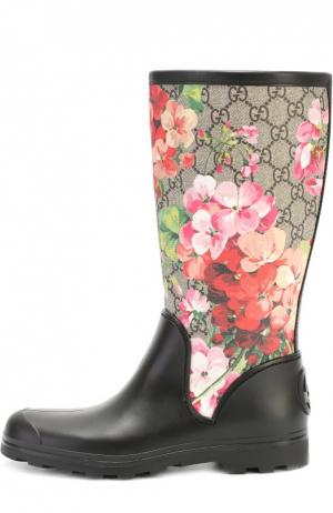 Резиновые сапоги Prato с цветочным принтом Gucci. Цвет: черный