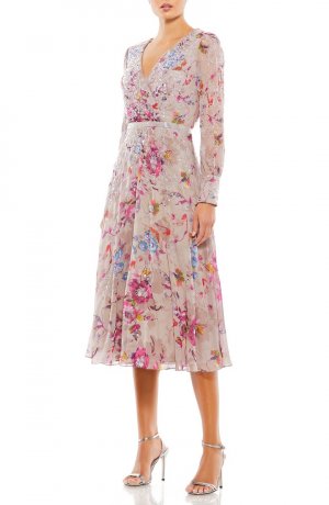 Коктейльное платье с длинными рукавами и цветочным принтом из бисера MAC DUGGAL