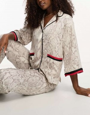 Серый атласный пижамный комплект с воротником-стойкой DKNY