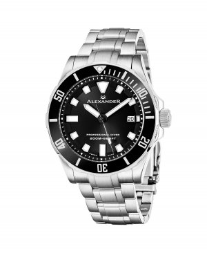 Мужские часы Vathos серебристого цвета из нержавеющей стали, черный циферблат, круглые 42 мм Alexander