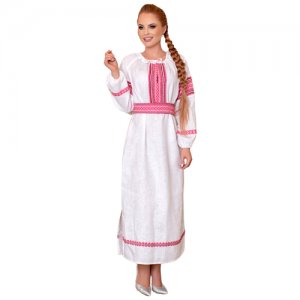 Платье женское летнее белое прямое с длинным рукавом домашнее славянская народная рубаха больших размеров в русском бохо стиле оверсайз, 54-58 размер Славянские узоры. Цвет: белый/красный