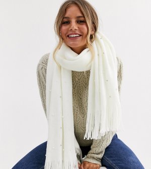 Эксклюзивный зимний шарф белого цвета с отделкой искусственным жемчугом -Белый Stitch & Pieces