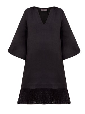 Свободное платье из льняной ткани с длинной бахромой LORENA ANTONIAZZI. Цвет: черный