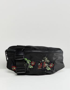 Черная сумка-кошелек на пояс с вышивкой River Island. Цвет: черный