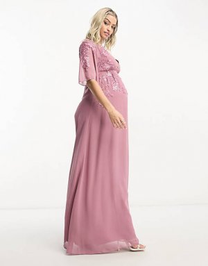 Лиловое платье макси с глубоким вырезом и отделкой Maternity Hope & Ivy