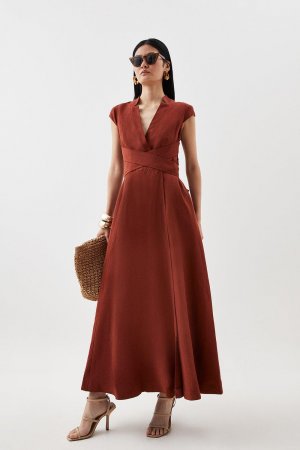 Льняное платье миди премиум-класса с V-образным вырезом и запахом , оранжевый Karen Millen