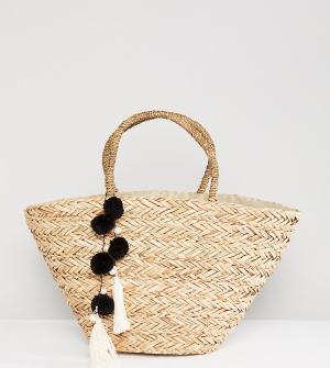 Соломенная пляжная сумка с черными и белыми помпонами -Бежевый South Beach