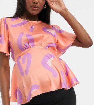 Коралловая блузка с расклешенными рукавами и звериным принтом Blume Studio Maternity-Оранжевый цвет Maternity