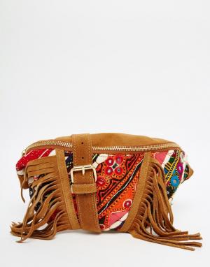 Фестивальная сумка-кошелек на пояс из замши с ручной вышивкой Park Lan Lane. Цвет: рыжий