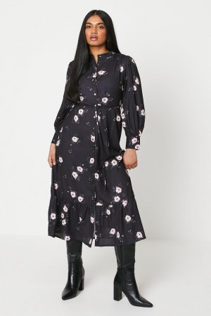Миниатюрное черное платье-рубашка миди с цветочным принтом и оборкой на подоле , мультиколор Dorothy Perkins