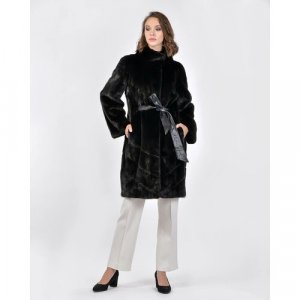 Пальто , норка, силуэт прямой, пояс/ремень, размер 40, черный Manakas Frankfurt. Цвет: черный