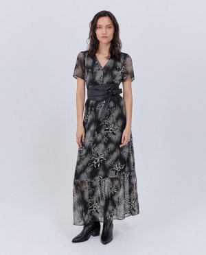 Длинное шифоновое платье с цветами , черный IKKS