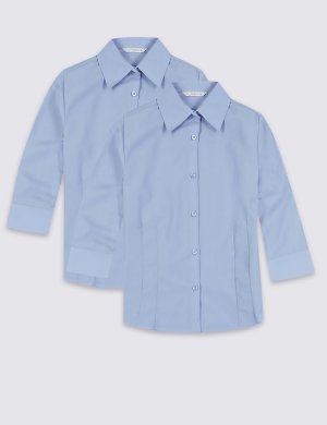 Школьная блузка Easy to Iron с рукавом 3/4 (2 шт) Marks & Spencer. Цвет: синий