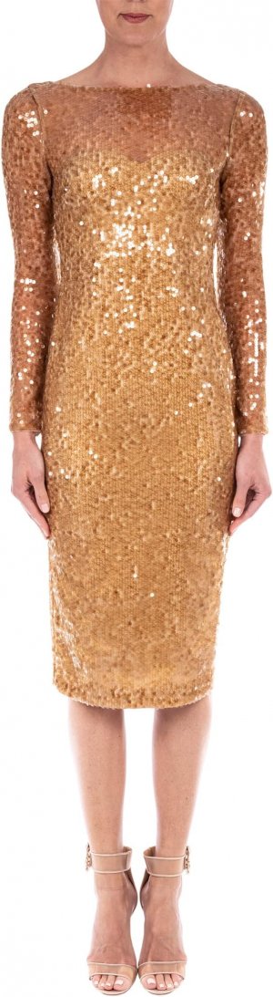 Платье с длинными рукавами и пайетками , золото Badgley Mischka
