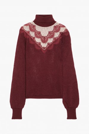 Двухцветный свитер открытой вязки с кружевной отделкой , бордовый Giamba