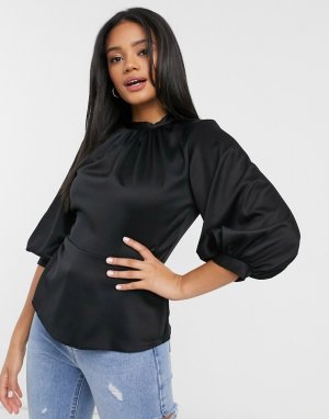 Черная атласная блуза с объемными рукавами -Черный Closet London