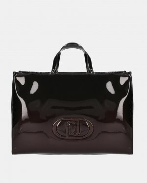 Большая сумка-тоут из черной лакированной кожи с соответствующим логотипом Liu Jo, черный JO