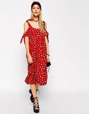 Свободное красное платье с тюльпанами и открытыми плечами ASOS Reclaim Reclaimed Vintage