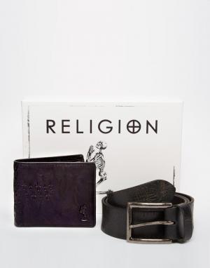 Подарочный набор с кошельком и ремнем Religion. Цвет: черный