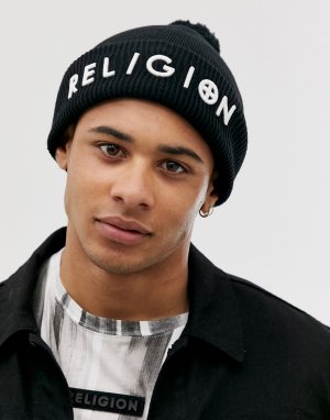 Черная шапка с помпоном и логотипом -Черный Religion